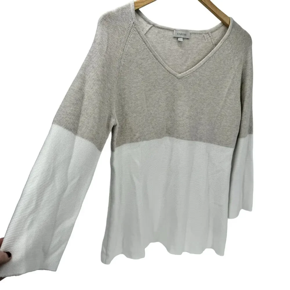 Kinross Sweater‎ Womens Medium Cotton V-Neck Neutral Beige Cream 3/4 Sleeve Knit
